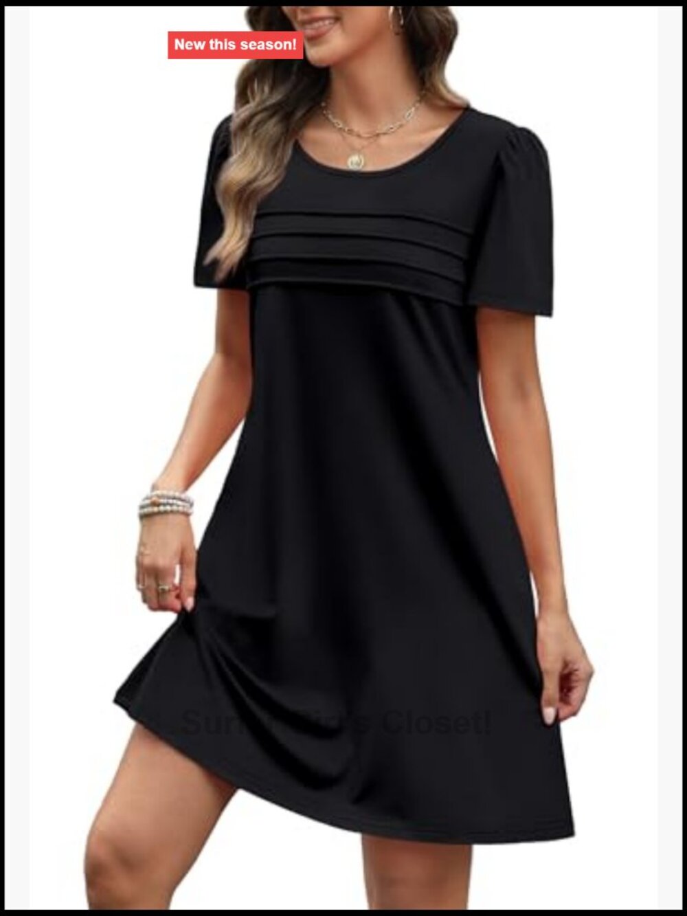 Womens Pleated Front Dress Puff Sleeve Pockets Sundress Casual Summer - Picture 4 of 7